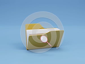Yellow document folder with magnifying glass 3D render illustration