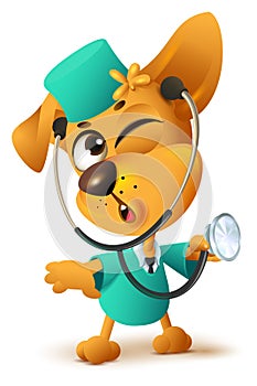 Yellow dog doctor vet keeps stethoscope