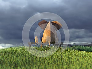 Yellow dog and elephant on green field