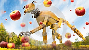 Yellow dog hunting apples. Vegetarian dog. meteorites falling from the sky.