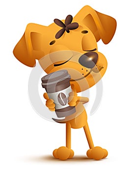 Yellow dog puppy holding coffee cup. Coffee break pleasure