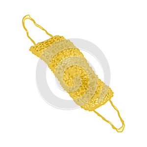 Yellow double sided washcloth with long handles. Body scrubber. Personal hygiene product.