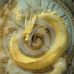 A yellow dragon coiled around an invisible clock, devouring each hour as it passes, time predator concept, with background photo