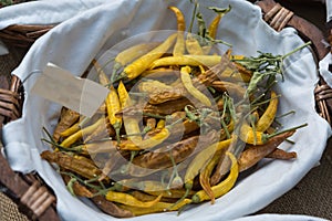 Yellow Dried Chili Peppers inside White Bowl