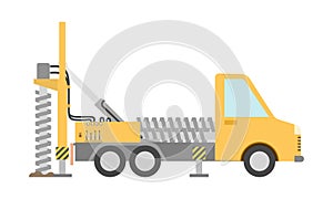 Yellow drilling truck in flat style. Special machine for the construction work. Isolated on white background