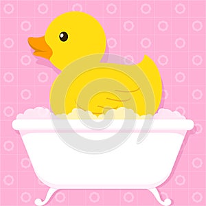 Yellow duck in bathtub with bubbles