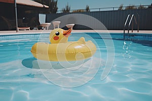 A yellow duck floating in a pool with a pool in the background. AI generation