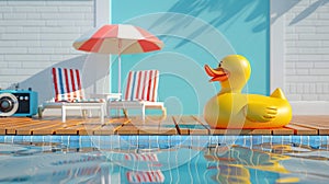 Yellow duck floating in the swimming pool during the summer vacation From the idea of â€‹â€‹a vacation