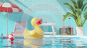 Yellow duck floating in the swimming pool during the summer vacation From the idea of â€‹â€‹a vacation