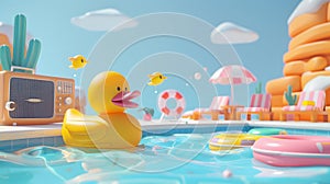 Yellow duck floating in the swimming pool during the summer vacation From the idea of â€‹â€‹a vacation