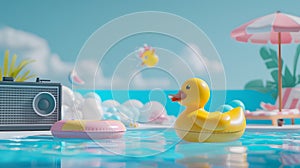 Yellow duck floating in the swimming pool during the summer vacation From the idea of â€‹â€‹a vacation