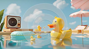 Yellow duck floating in the swimming pool during the summer vacation From the idea of â€‹â€‹a vacation