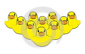 Yellow duck, focus on first, on white background. Business, Leadership, Teamwork or Friendship Concept. Vector