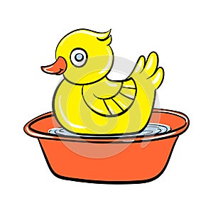 Yellow duck toy icon, cartoon style