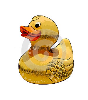 Yellow duck toy. Inflatable rubber duck from a splash of watercolor, colored drawing, realistic