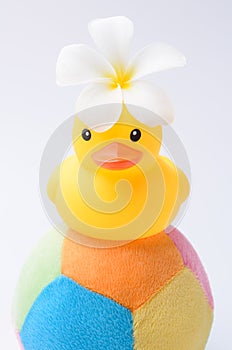 Yellow duck toy on toy soccer ball with white background