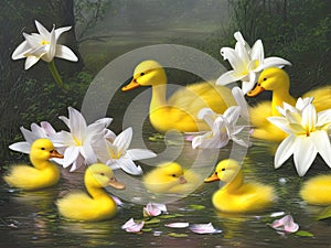 Yellow ducklings swimming in a pond with white lily flowers