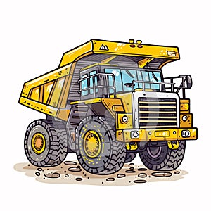 Yellow dump truck cartoon style isolated white background. Huge wheels construction machinery