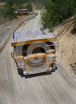 Yellow dump truck on coper surface mining