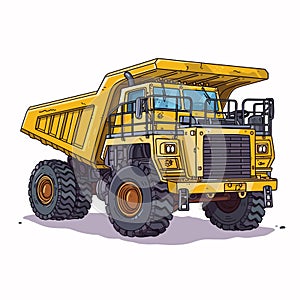 Yellow dump truck illustration detailed construction vehicle cartoon style. Large hauling truck