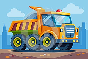 A yellow dump truck is parked in a lot, ready for construction work, Construction truck Customizable Cartoon Illustration