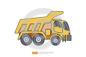 yellow dump truck tipper vector illustration on white background. Isolated heavy industrial machinery equipment vehicle. flat