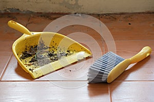 The yellow dustpan and brush are being used. with dust and dirt inside