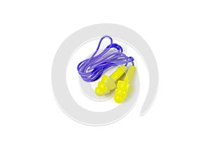 Yellow ear plugs on white background.