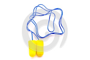 Yellow earplugs with blue band.