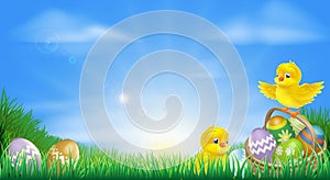 Yellow Easter chicks and eggs background