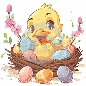 yellow easter ducklings with a nest full of easter eggs