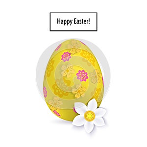 Yellow Easter egg and snowdrip on the white background. Bright Easter card