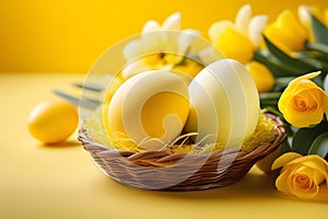 Yellow Easter eggs in a basket with yellow roses and daffodils on a yellow background