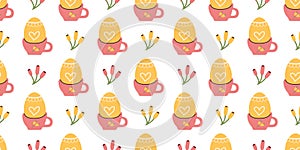 Yellow Easter eggs in cup seamless Pattern for fabrics, wrapping or wallpapers. Holidays endless Hand drawn background. Eggshell