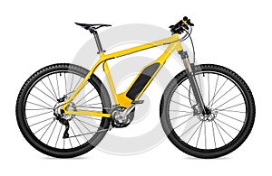 Yellow ebike pedelec set with battery powered motor bicycle moutainbike. mountain bike ecology modern transport concept isolated