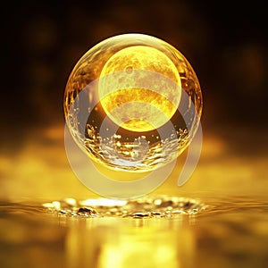 A yellow eclipse frozen in a drop of glass, floating mid-air, surreal cosmology, with background photo