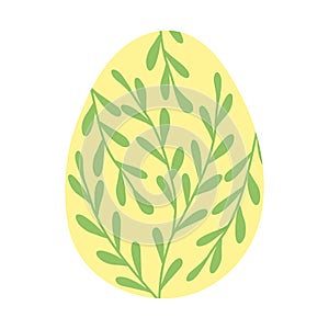 Yellow egg with green branches and leaves, Easter holiday design element, vector