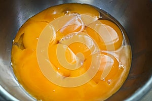 Yellow egg white yolk baking ingredient in a bowl on table