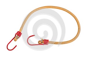 Yellow Elastic strap with a red hooks isolated on white background. Bungee cord, braided nylon stretchy rope