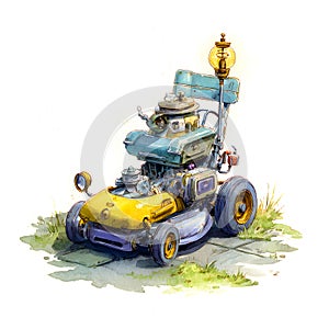 yellow electric lawnmower isolated on white background