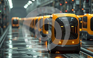 Yellow electric self driving shuttles on the underground station.