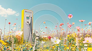 A yellow electric vehicle charging station in a vibrant field of wildflowers under a clear blue sky