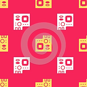 Yellow Electronic computer components motherboard digital chip integrated science icon isolated seamless pattern on red