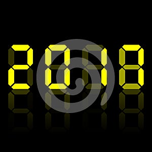 Yellow electronic digital numbers 2018. on black background. Vector illustration.