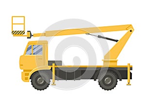 Yellow elevated work platform side view. Vector flat design