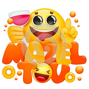 Yellow emoji 3d cartoon character with cup of wine. Mazel Tov