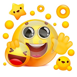 Yellow emoji 3d smile face cartoon character holding yellow emoticon icon