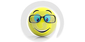 Yellow emoji with big smile and glasses on white background. 3d illustration