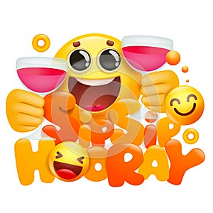 Yellow emoji cartoon 3d character with two cups of wine. Sip sip hooray