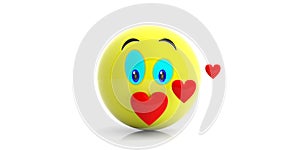 Yellow emoji girl and hearts on white background. 3d illustration